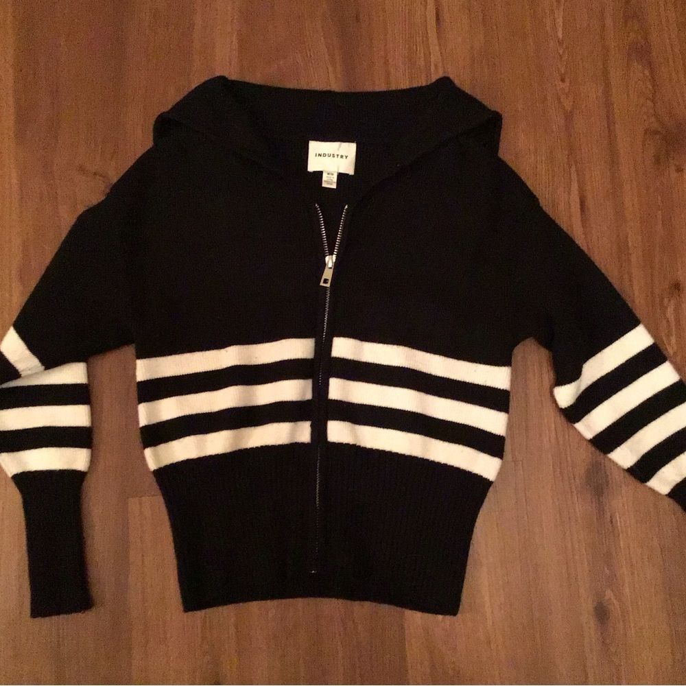 Industry Black and White Striped Jacket Zipped Sweater